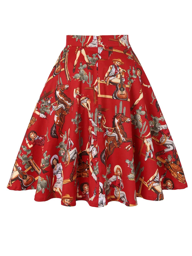 High Waist Western Print Midi Circle Skirt