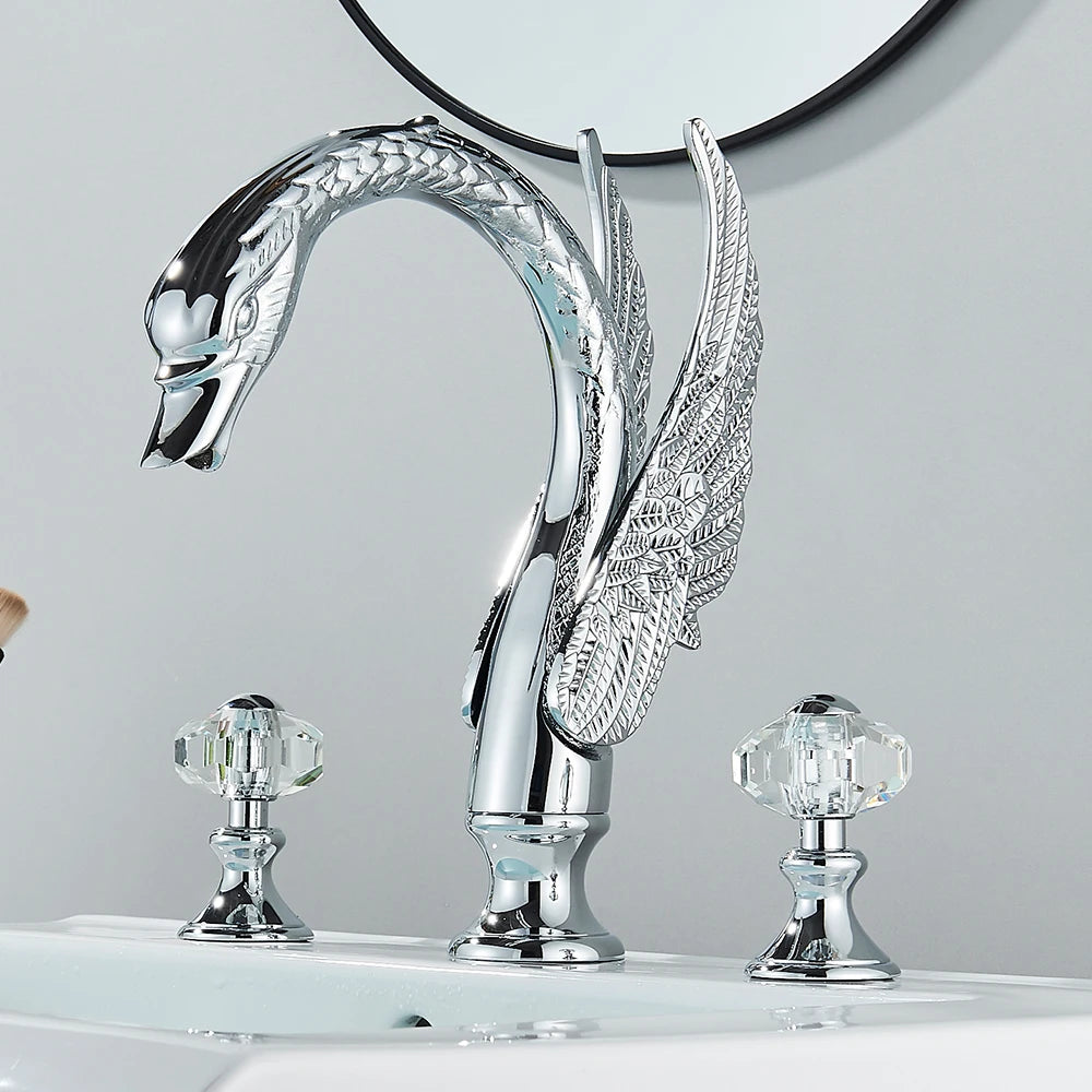 Hollywood Regency Golden Swan Dual Crystal Handle Basin Tap