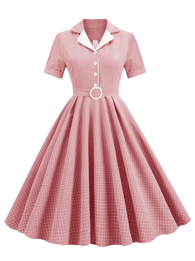 Grid Print Collared Midi Dress with Belt