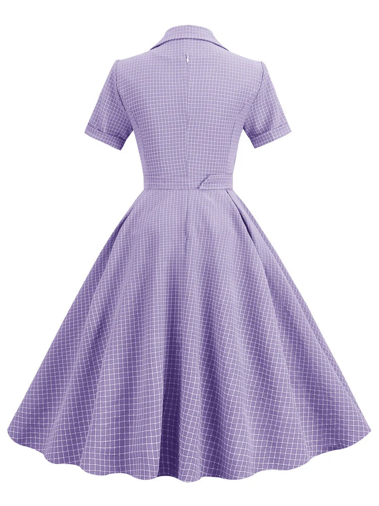 Grid Print Collared Midi Dress with Belt