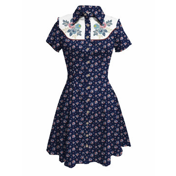 Short Sleeve Button-Front Shirt Dress with Floral Print and Embroidered Yoke