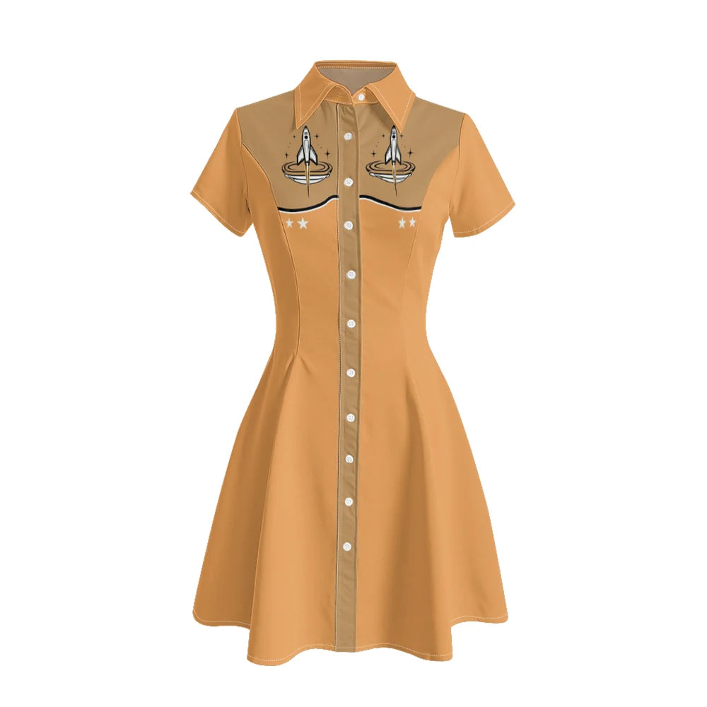 Short Sleeve Western-Style Button-Front Shirt Dress with Planet Yoke Print