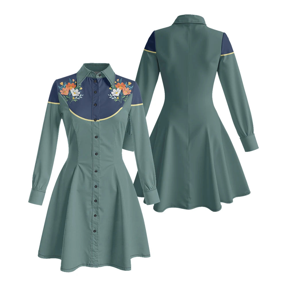 Long Sleeve Western-Style Button-Front Shirt Dress with Graphic Yoke