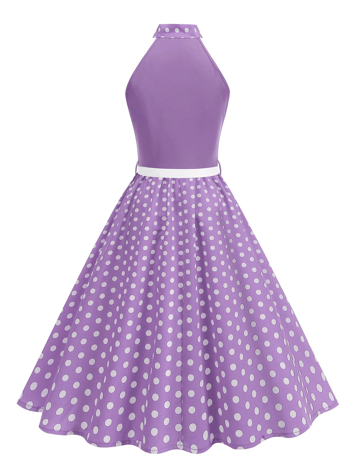 Halter Neck Polka Dot Midi Dress with Bow and Belt