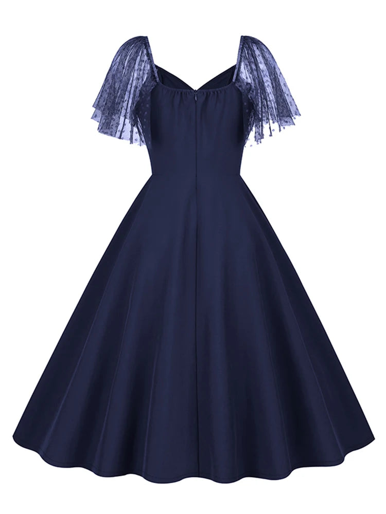 Sheer Mesh Sleeve Fit and Flare Midi Dress
