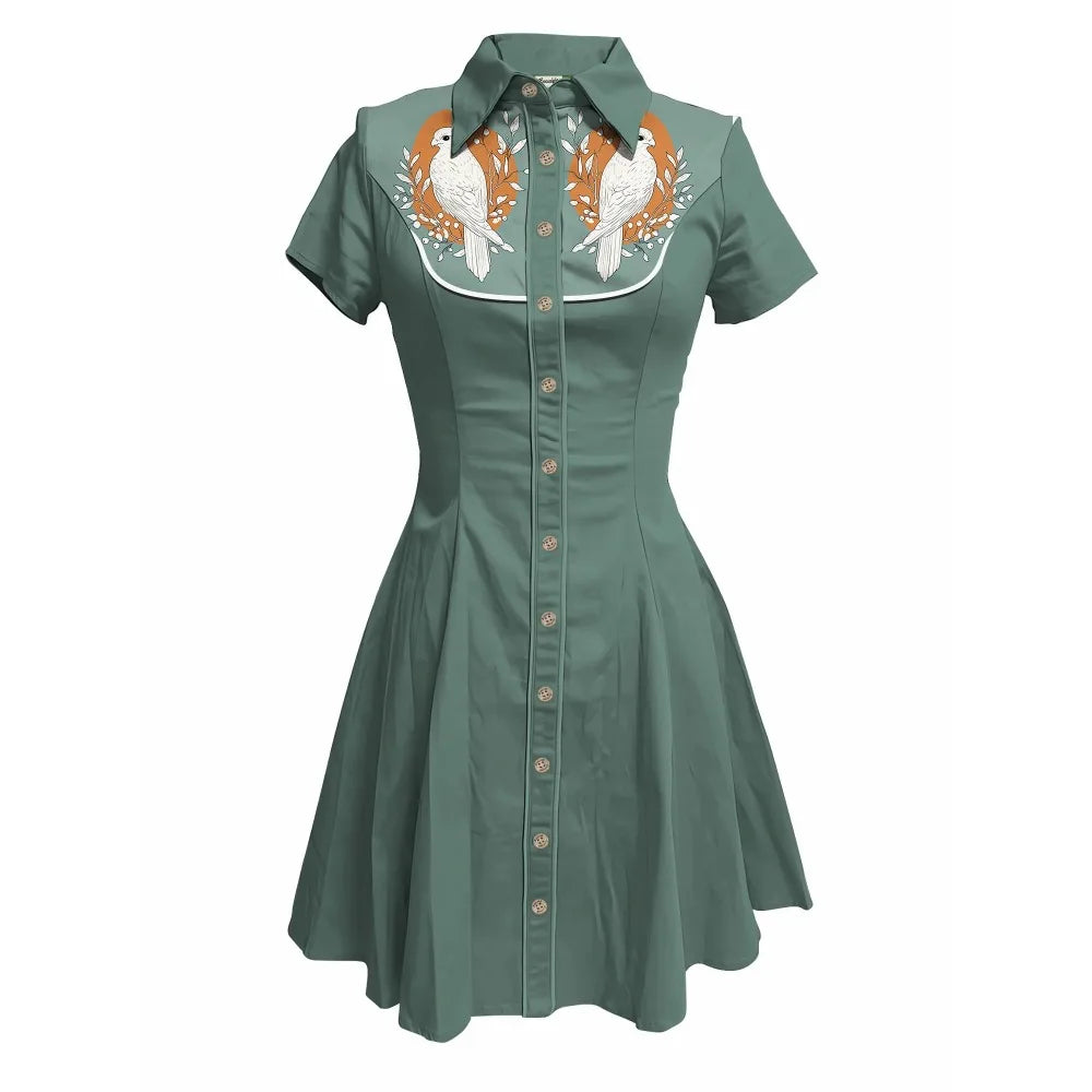 Short Sleeve Button-Front Shirt Dress with Bird Yoke Graphic