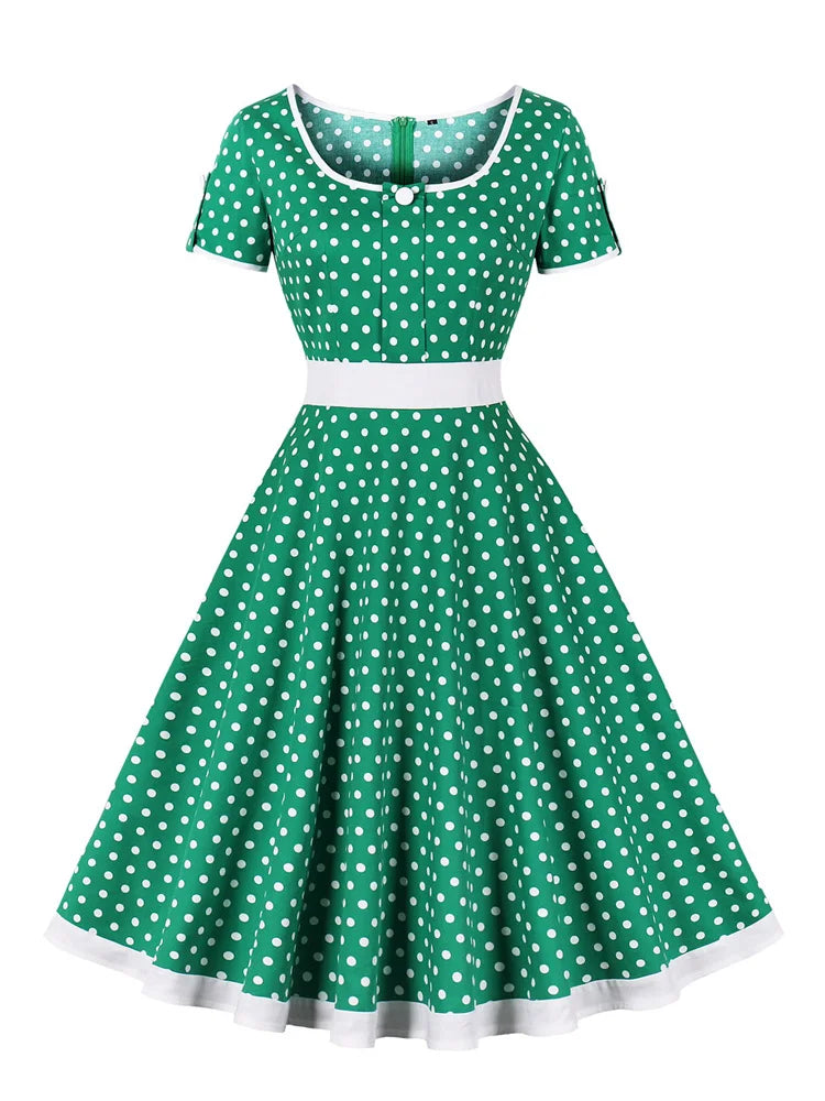 Polka Dot Short Sleeve Midi Dress with Waist Band