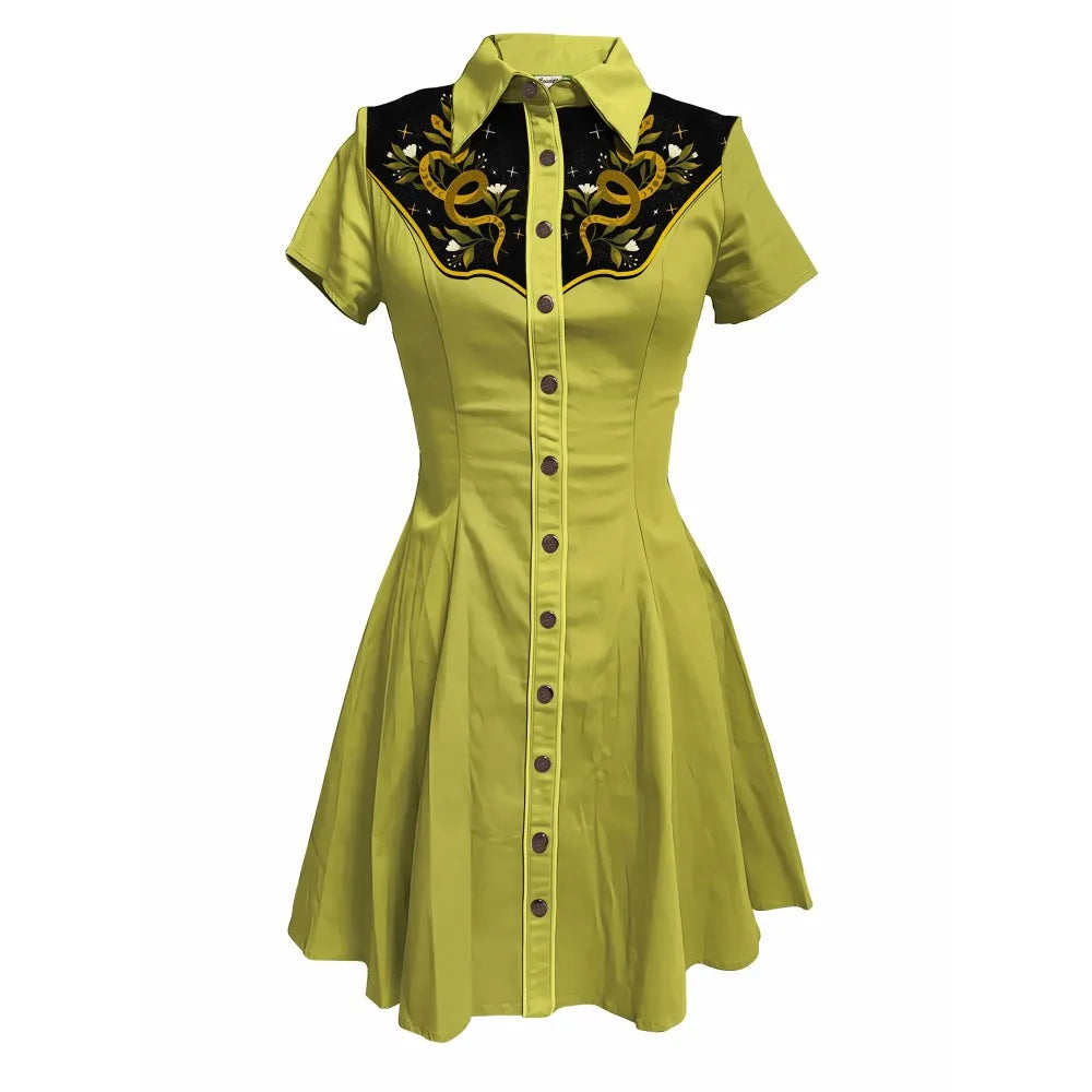 Short Sleeve Western-Inspired Button-Front Shirt Dress with Snake and Rose Yoke