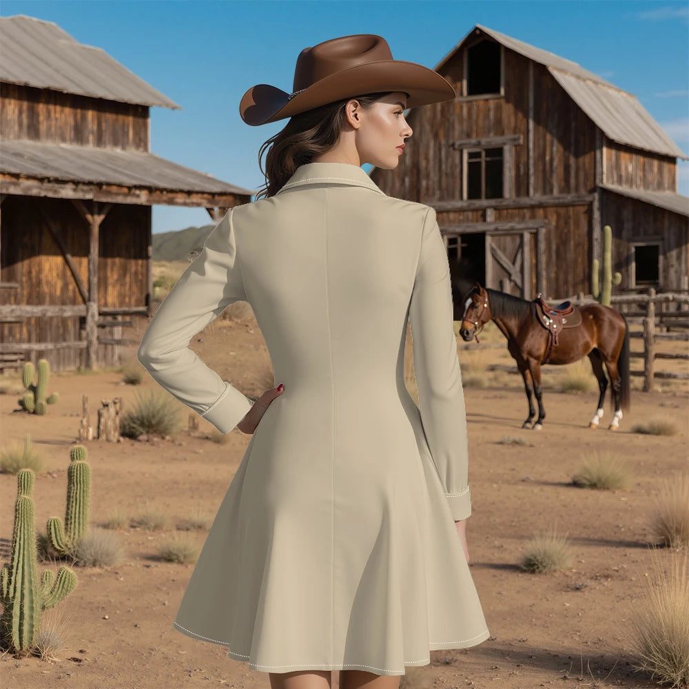 Long Sleeve Western-Style Button-Front Shirt Dress with Graphic Yoke