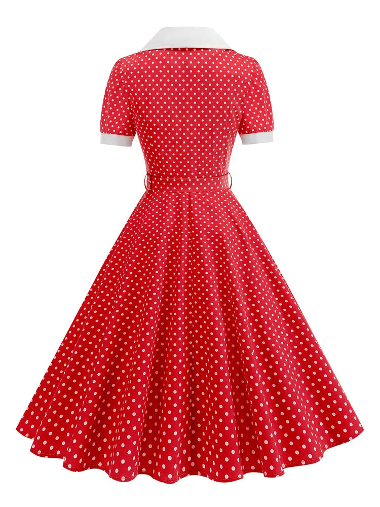 Polka Dot Collared Belted Midi Dress