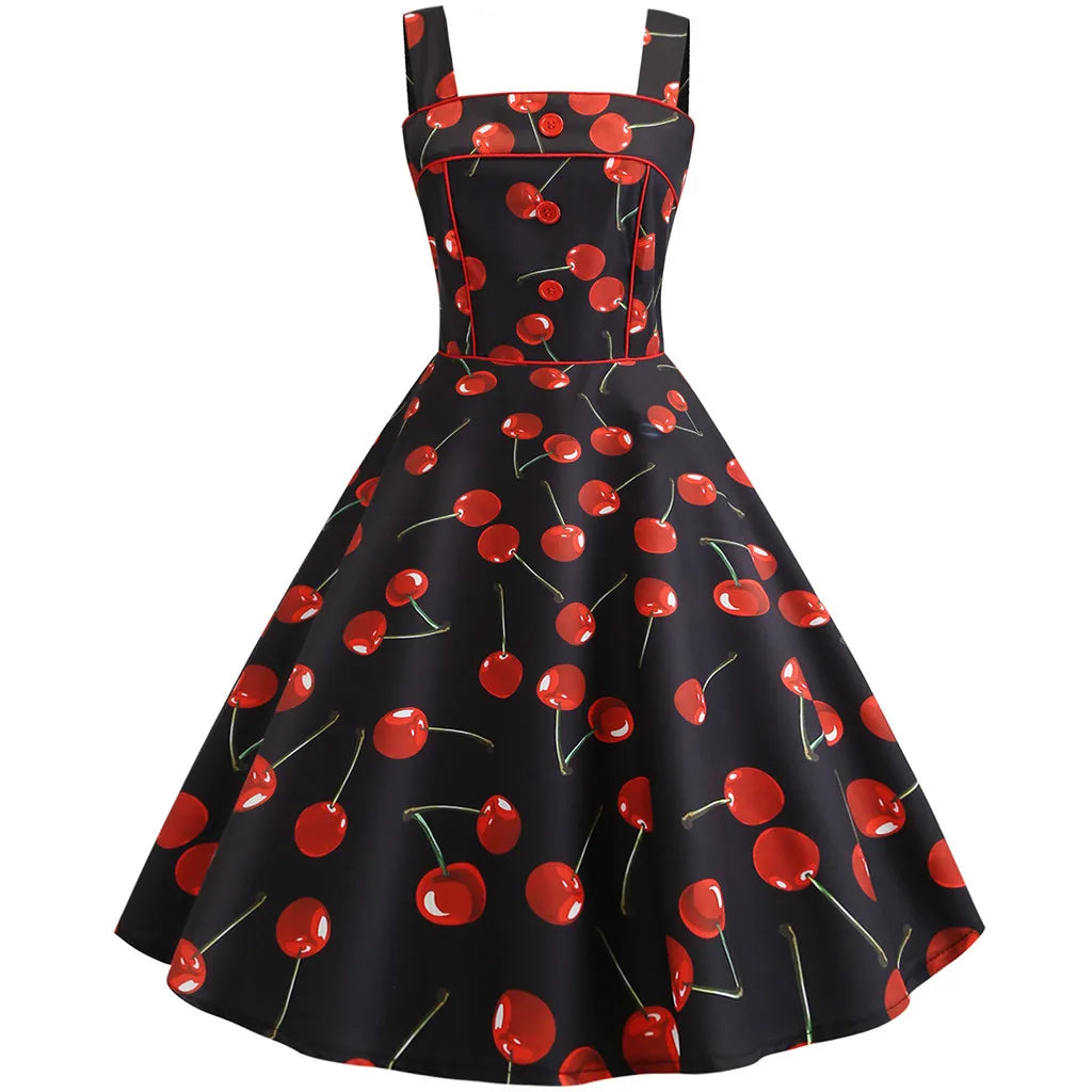 Square Neck Cherry Print Fit and Flare Dress