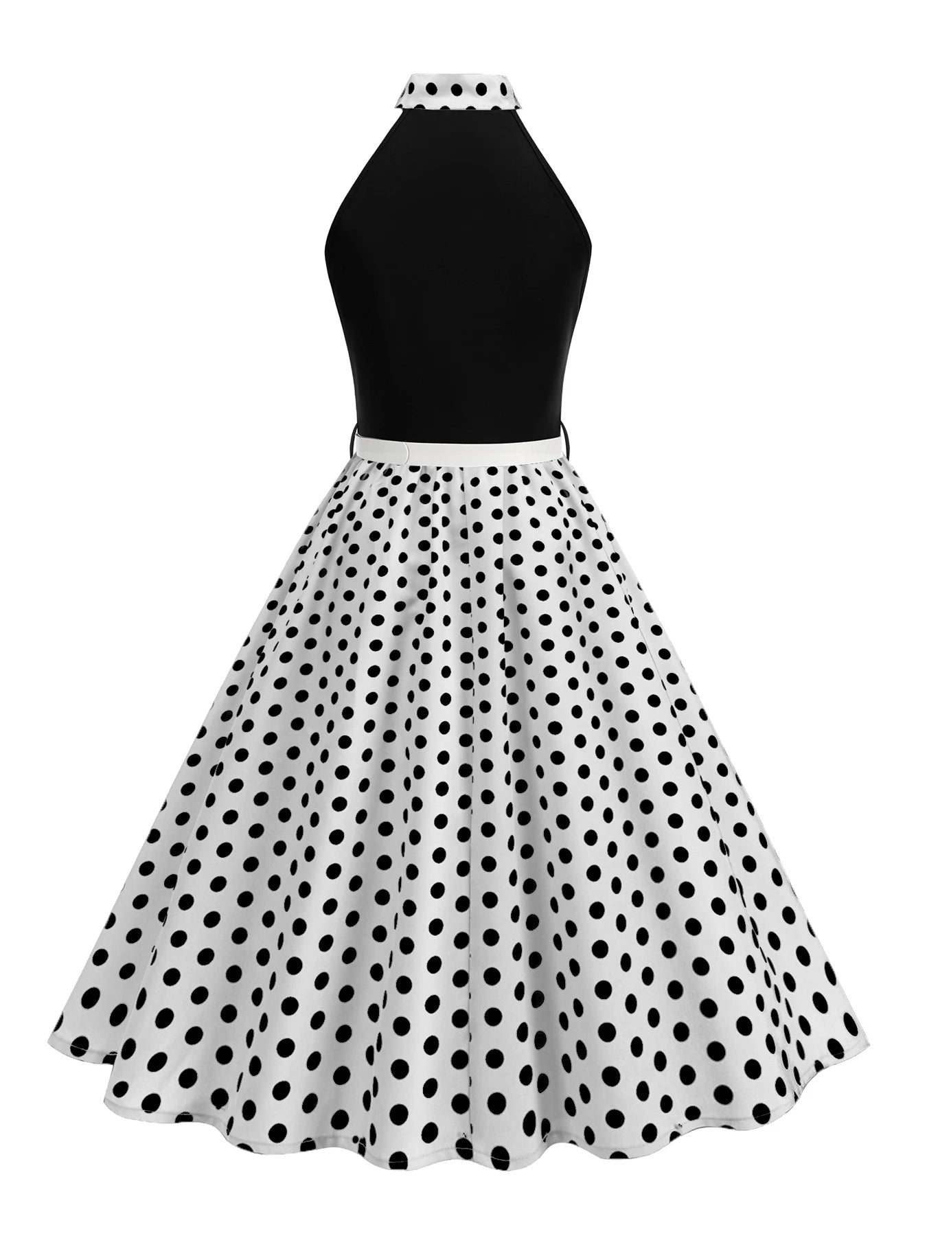 Halter Neck Polka Dot Midi Dress with Bow and Belt