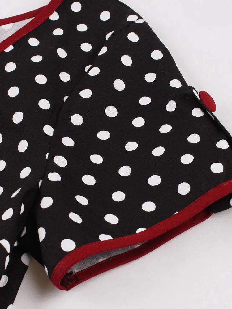 Polka Dot Short Sleeve Midi Dress with Waist Band