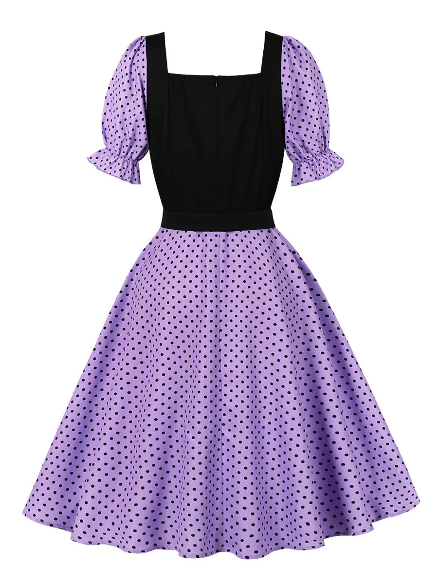 Polka Dot Contrast Panel Midi Dress with Belt