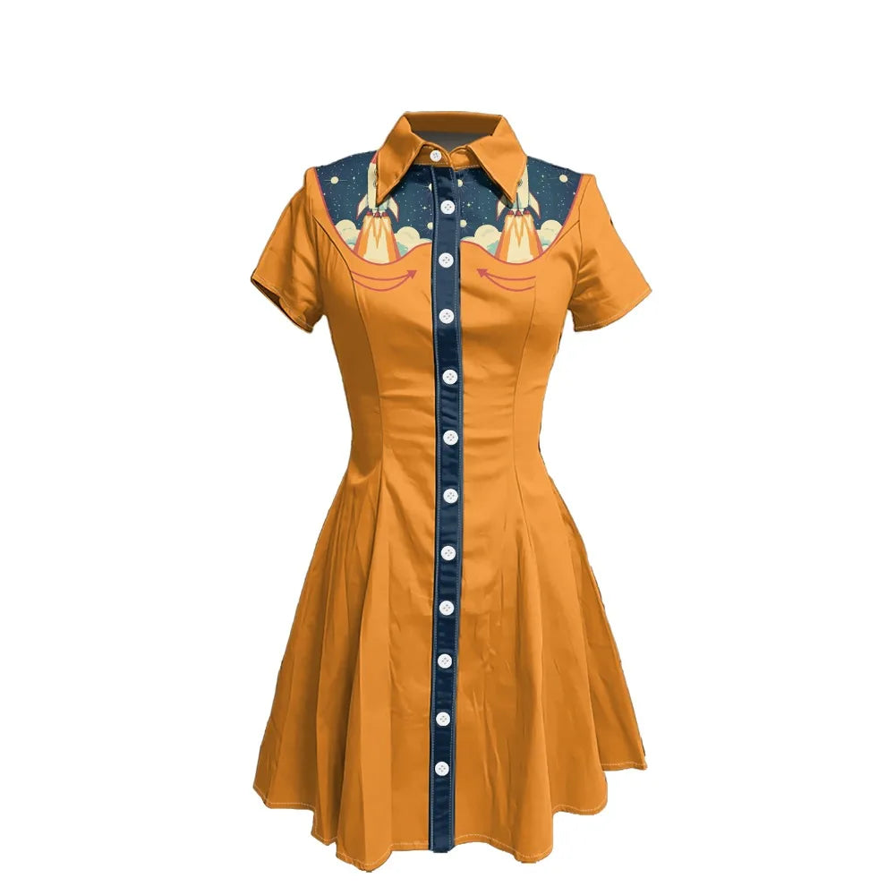 Short Sleeve Western-Style Button-Front Shirt Dress with Rocket Yoke Print