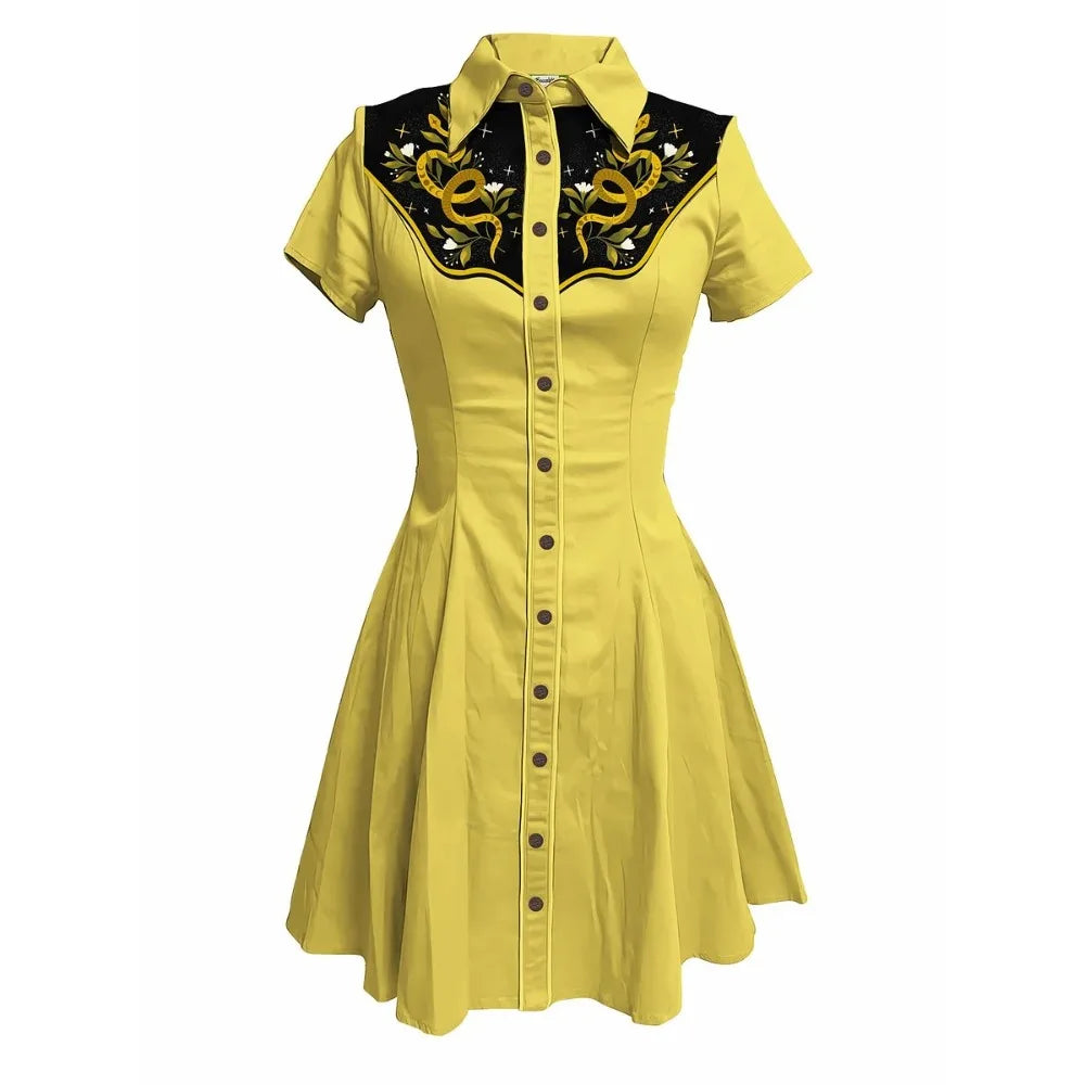 Short Sleeve Western-Inspired Button-Front Shirt Dress with Snake and Rose Yoke