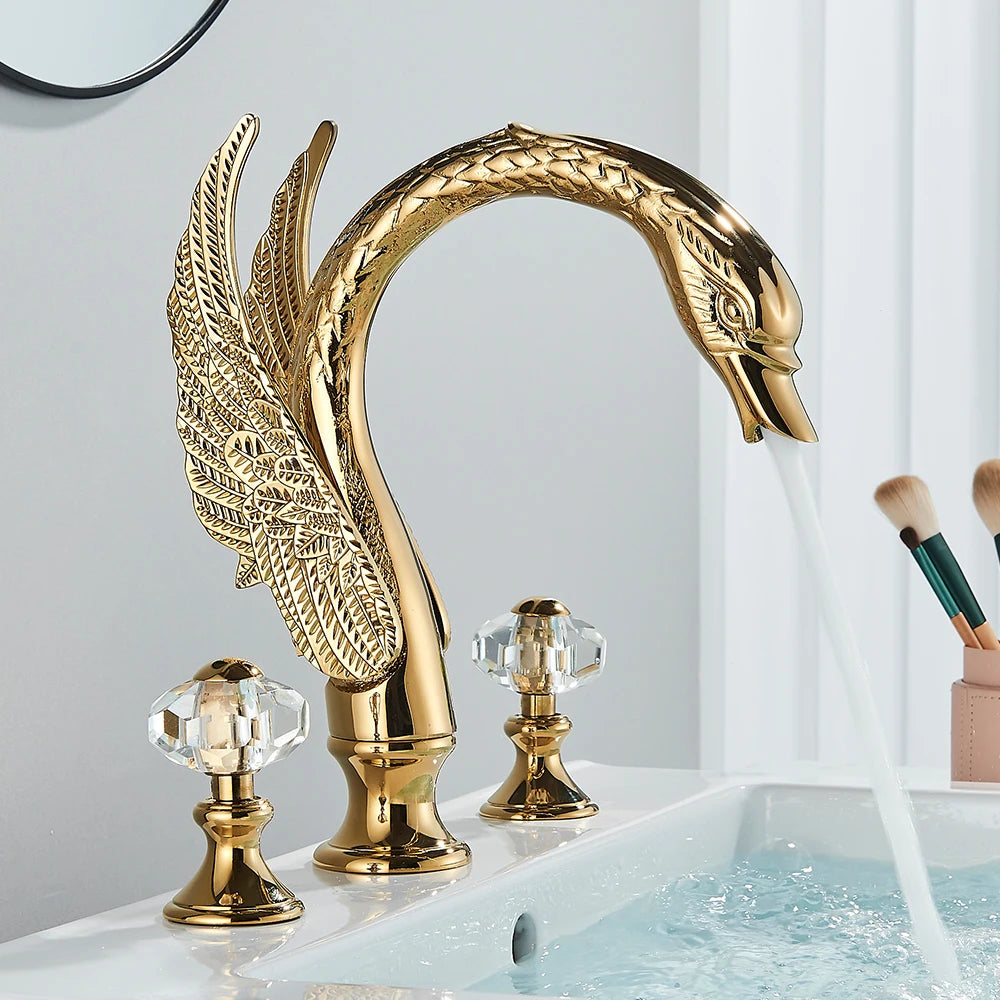 Hollywood Regency Golden Swan Dual Crystal Handle Basin Tap