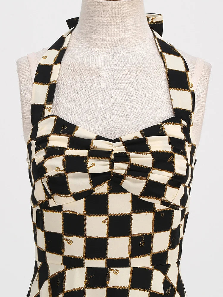 Checkered Bow Halter Fit & Flare Dress