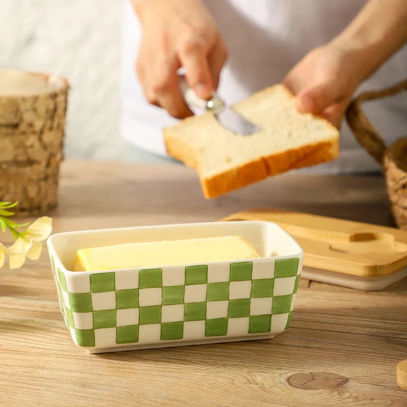 Americana Pastoral Ceramic Butter Dish with Bamboo Lid & Knife