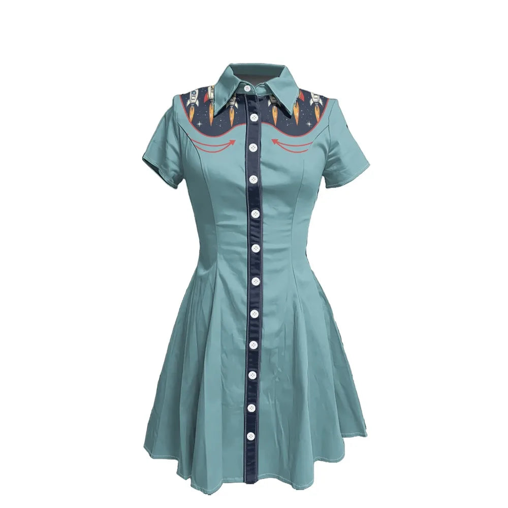 Short Sleeve Western-Style Button-Front Shirt Dress with Rocket Yoke Print