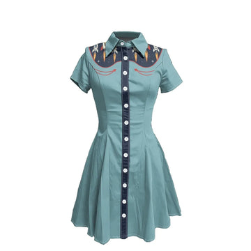 Short Sleeve Western-Style Button-Front Shirt Dress with Rocket Yoke Print