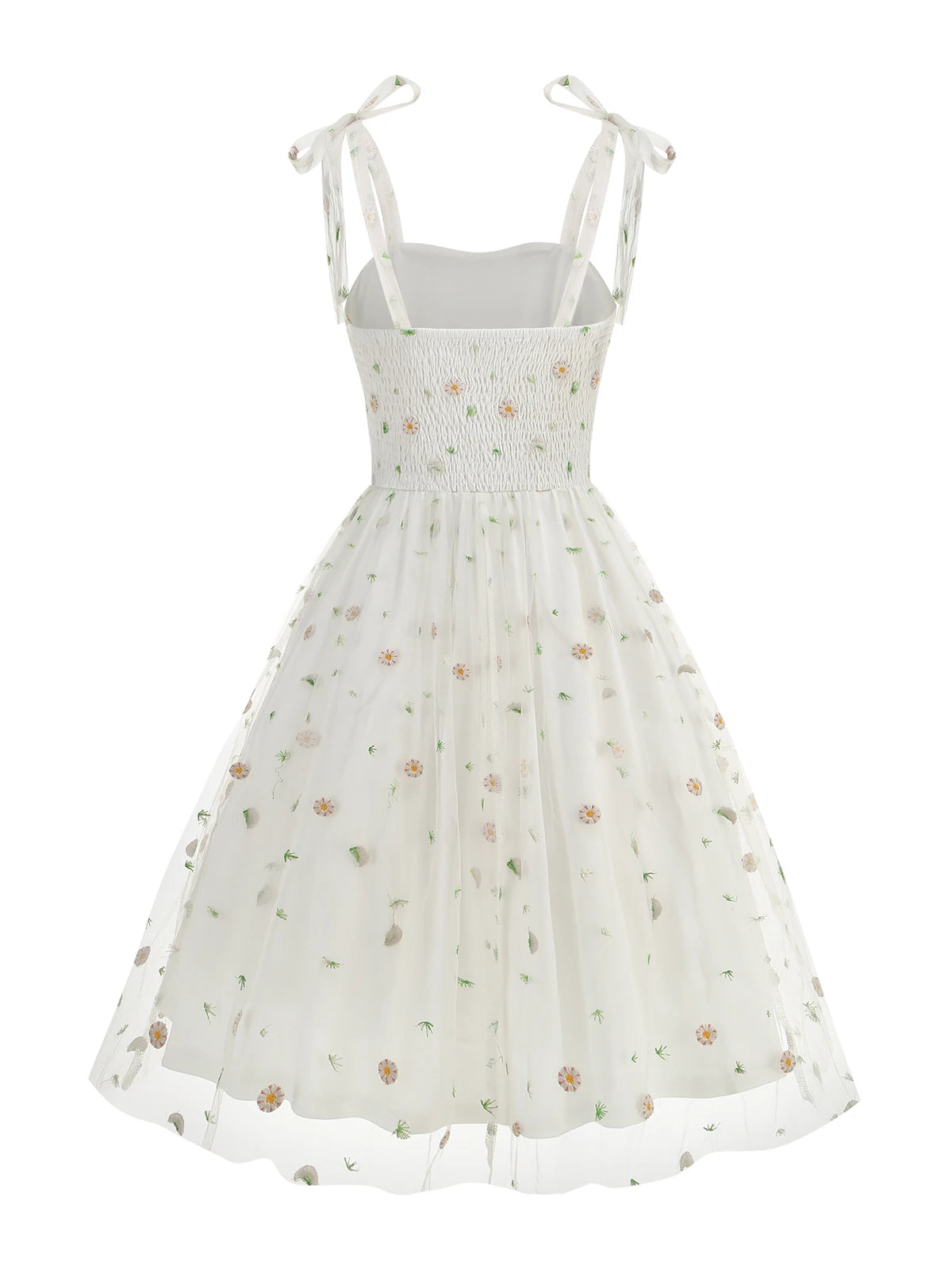 Embroidered Floral Tie Strap Midi Dress with Sheer Overlay