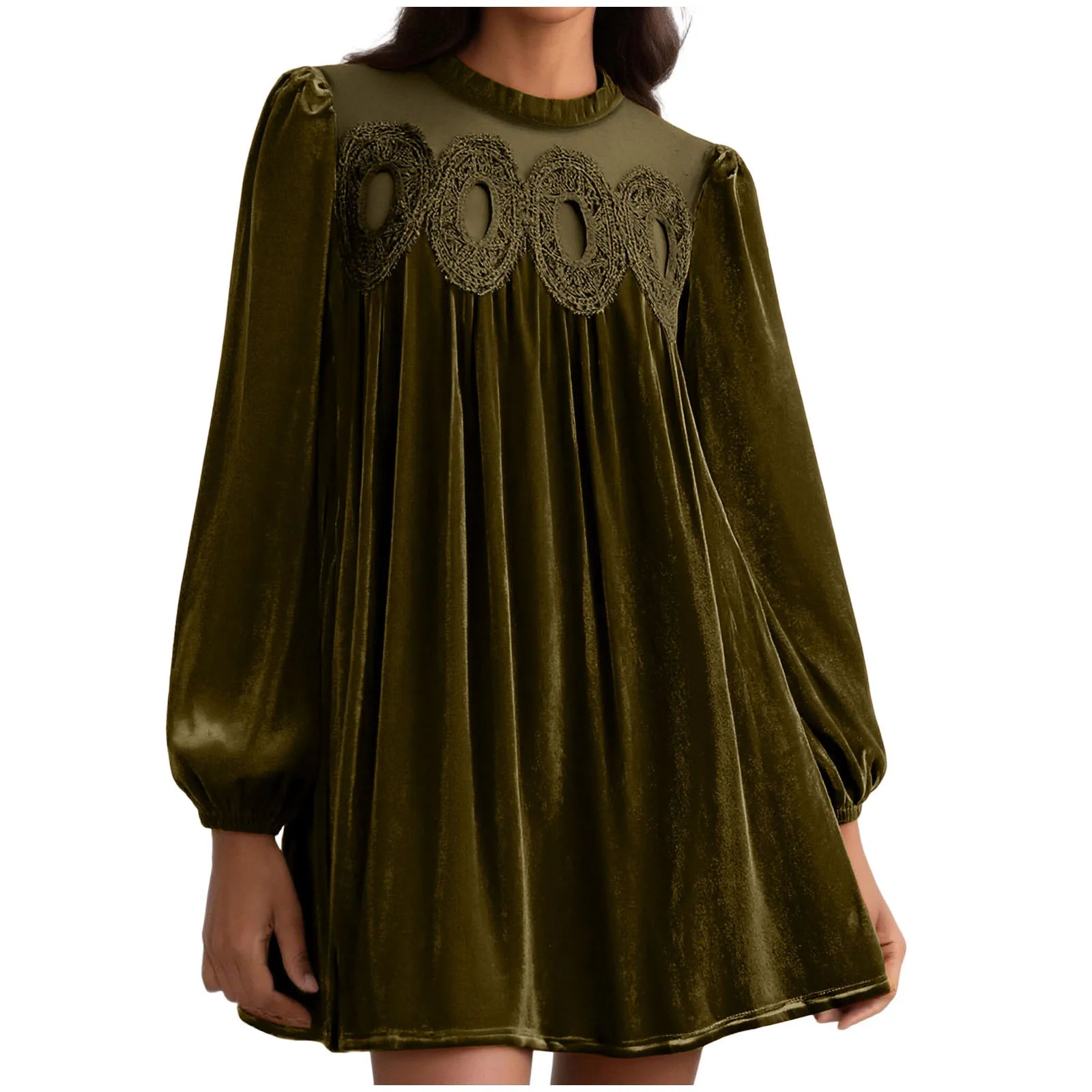 Velvet Long Sleeve Mini Dress with Embroidered Yoke