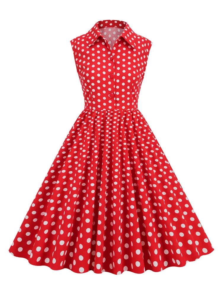 Sleeveless Polka Dot Button Front Midi Dress