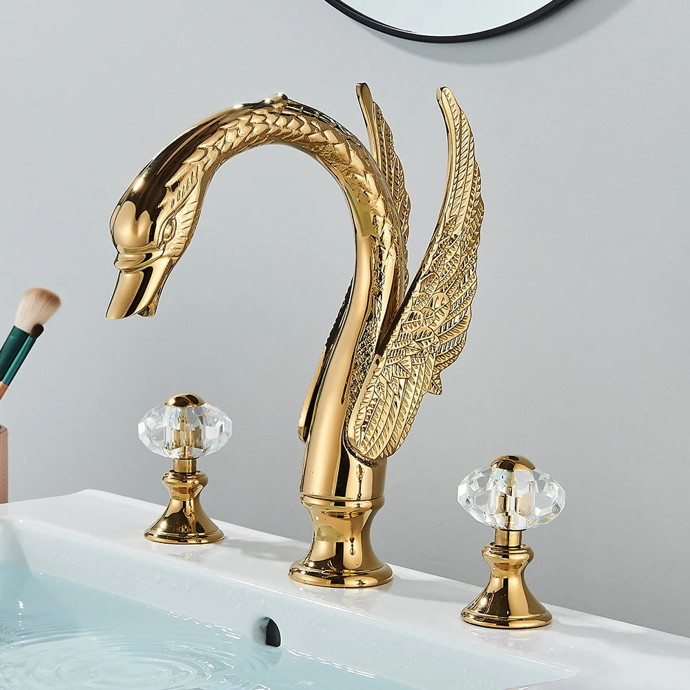 Hollywood Regency Golden Swan Dual Crystal Handle Basin Tap