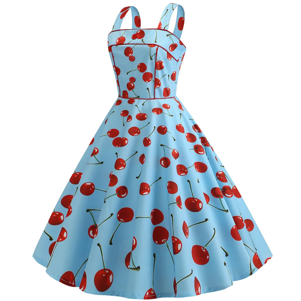 Square Neck Cherry Print Fit and Flare Dress