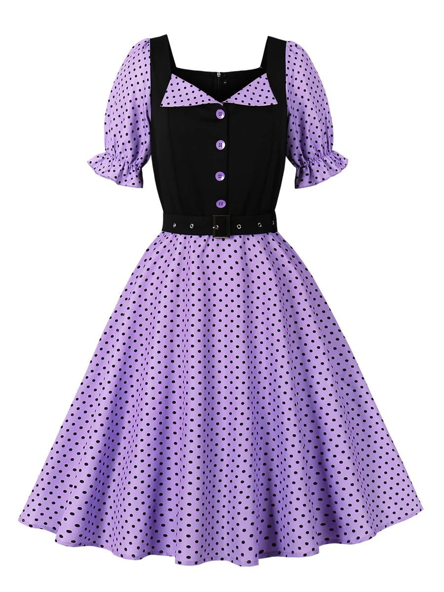 Polka Dot Contrast Panel Midi Dress with Belt