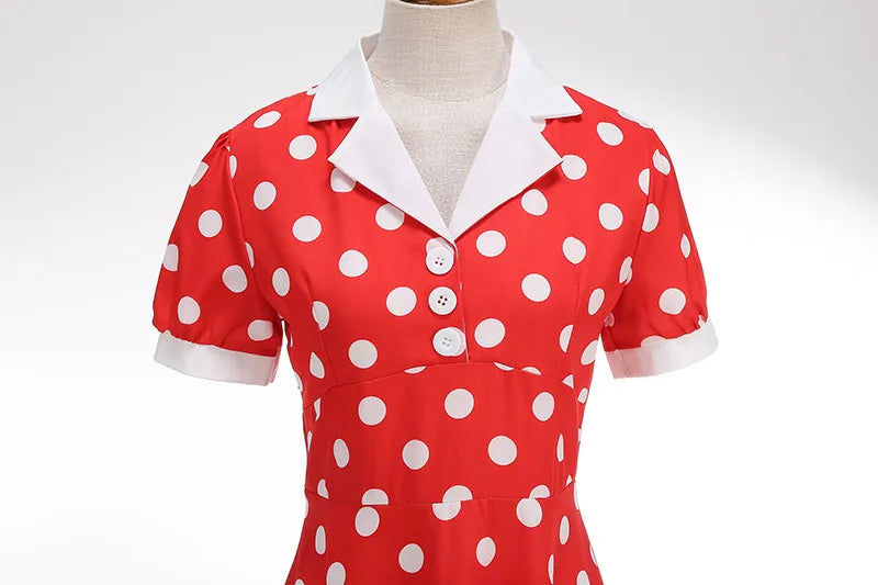 Vintage Polka Dot Pleated Summer Dress Women 1950s 60s Notched Collar Short Sleeve Belted Elegant Retro Clothing