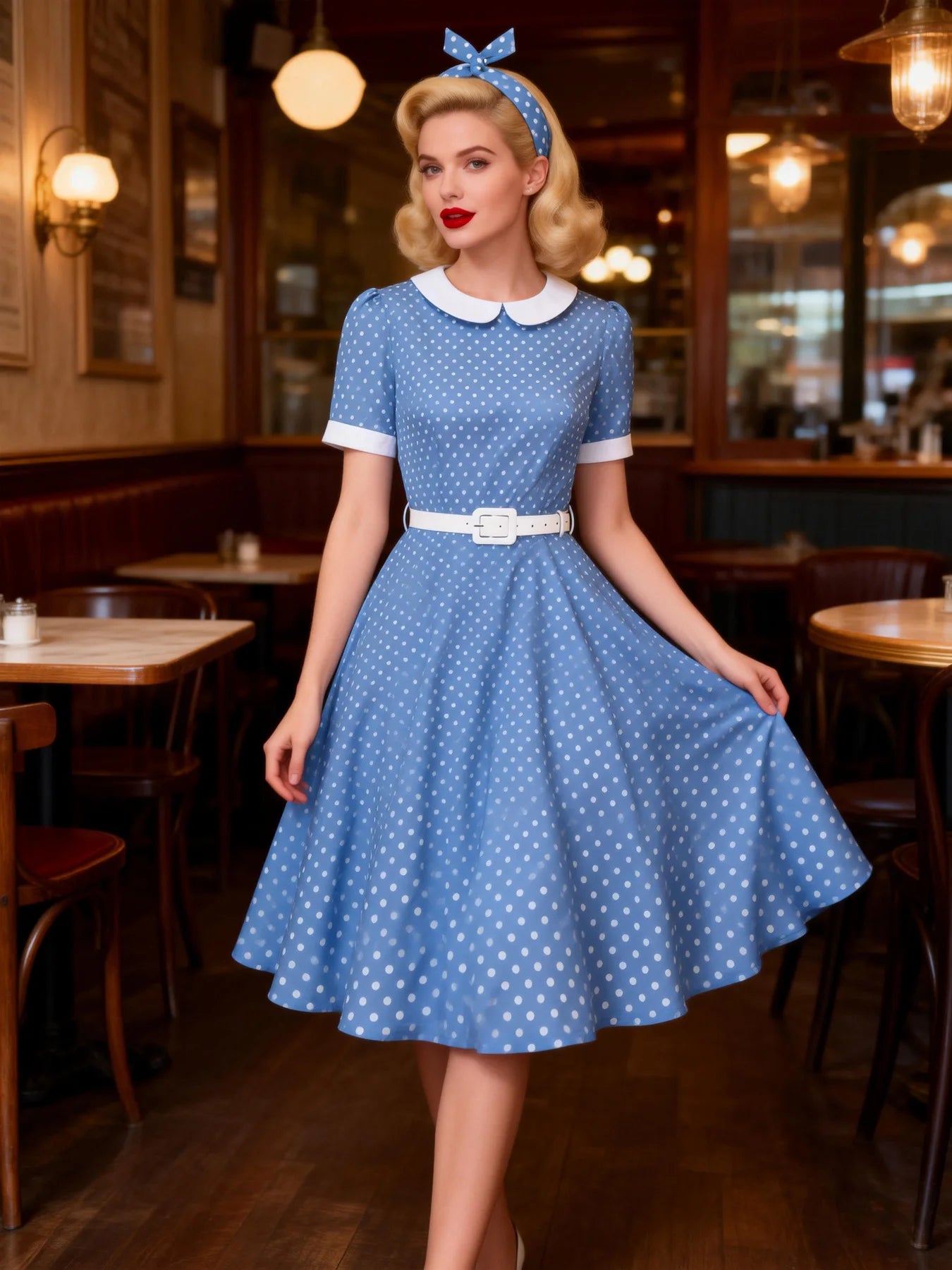 Polka Dot Collar Fit & Flare Dress with Headband