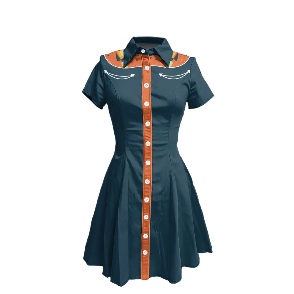 Short Sleeve Western-Style Button-Front Shirt Dress with Rocket Yoke Print