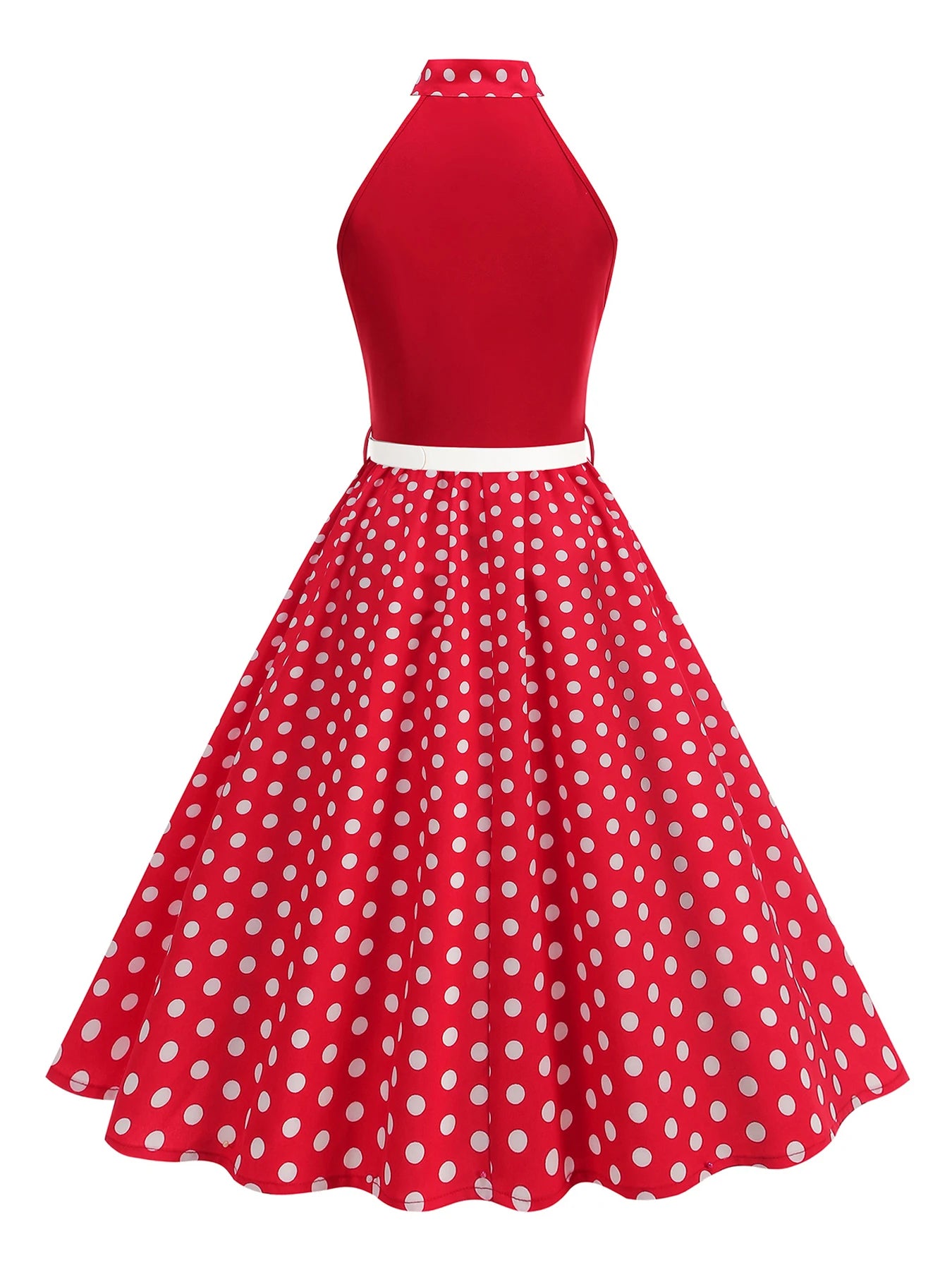 Halter Neck Polka Dot Midi Dress with Bow and Belt