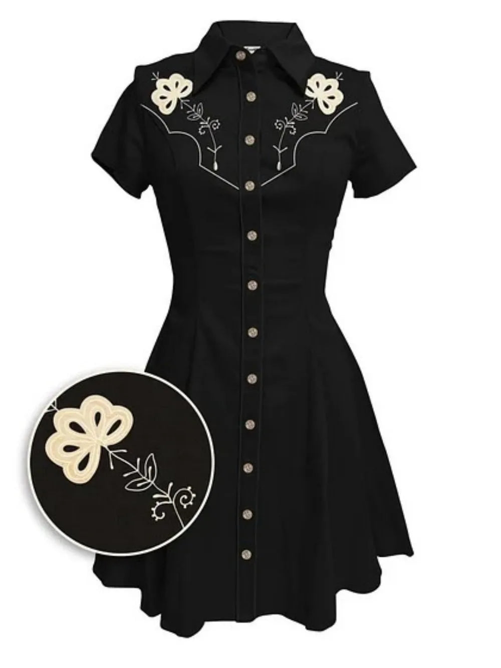 Short Sleeve Western-Inspired Button-Front Shirt Dress with Floral Yoke
