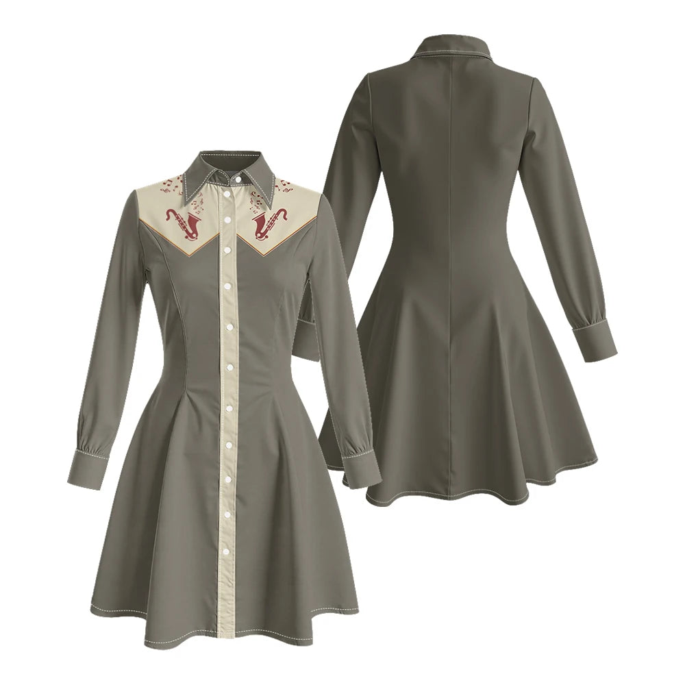 Long Sleeve Western-Style Button-Front Shirt Dress with Graphic Yoke