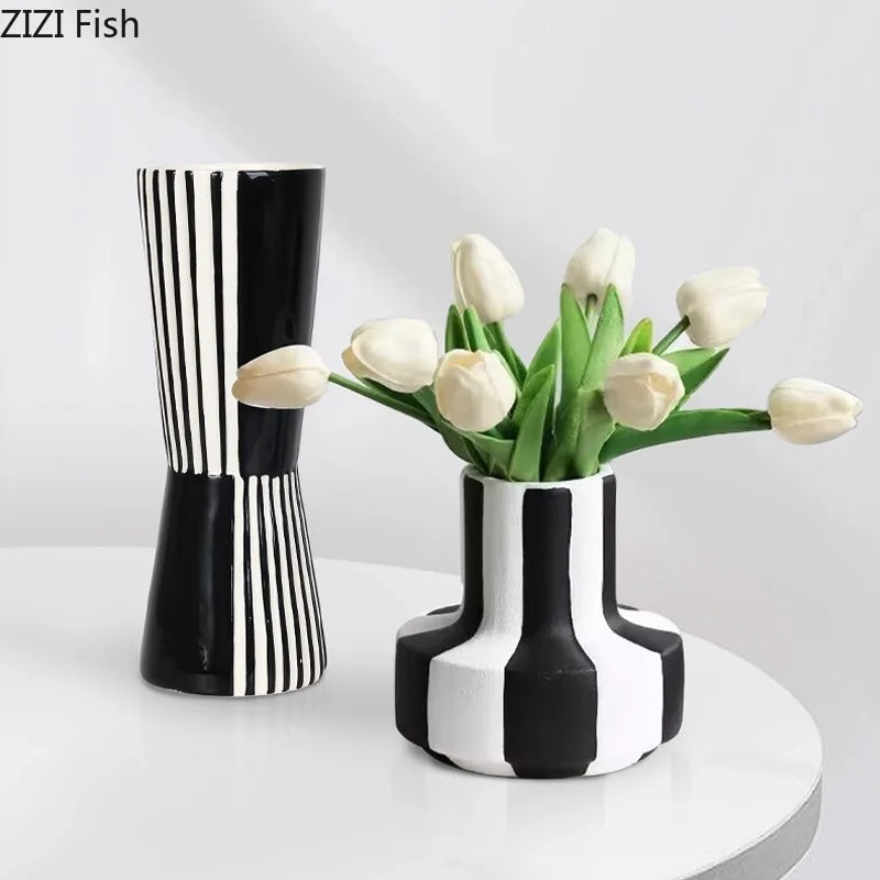 Art Deco Black & White Striped Geometric Vase