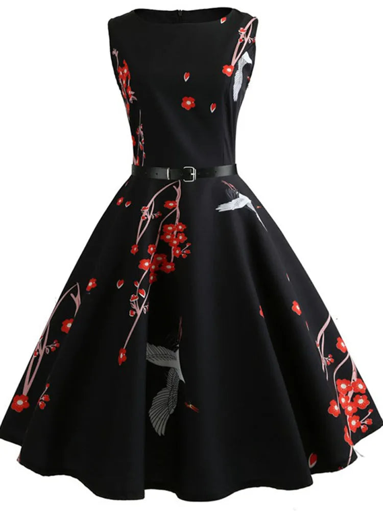 Floral Print Women Summer Dress Hepburn 50s 60s Retro Swing Vintage Dress A-Line Party Dresses With Belt jurken