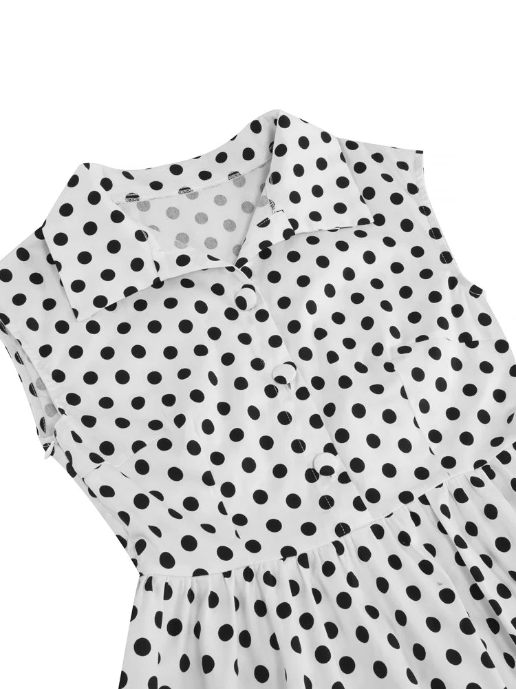 Sleeveless Polka Dot Button Front Midi Dress