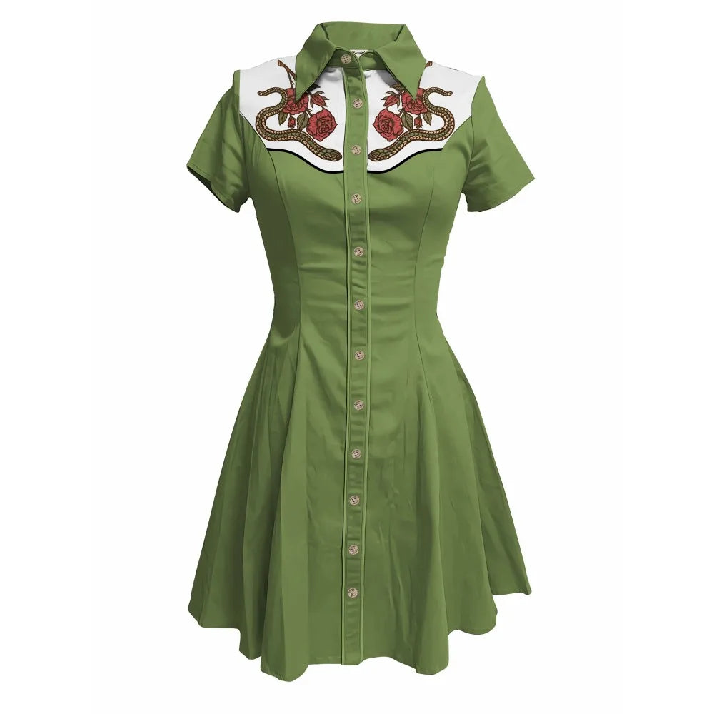 Short Sleeve Western-Inspired Button-Front Shirt Dress with Snake and Rose Yoke