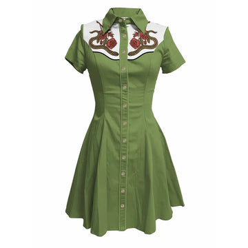Short Sleeve Western-Inspired Button-Front Shirt Dress with Snake and Rose Yoke