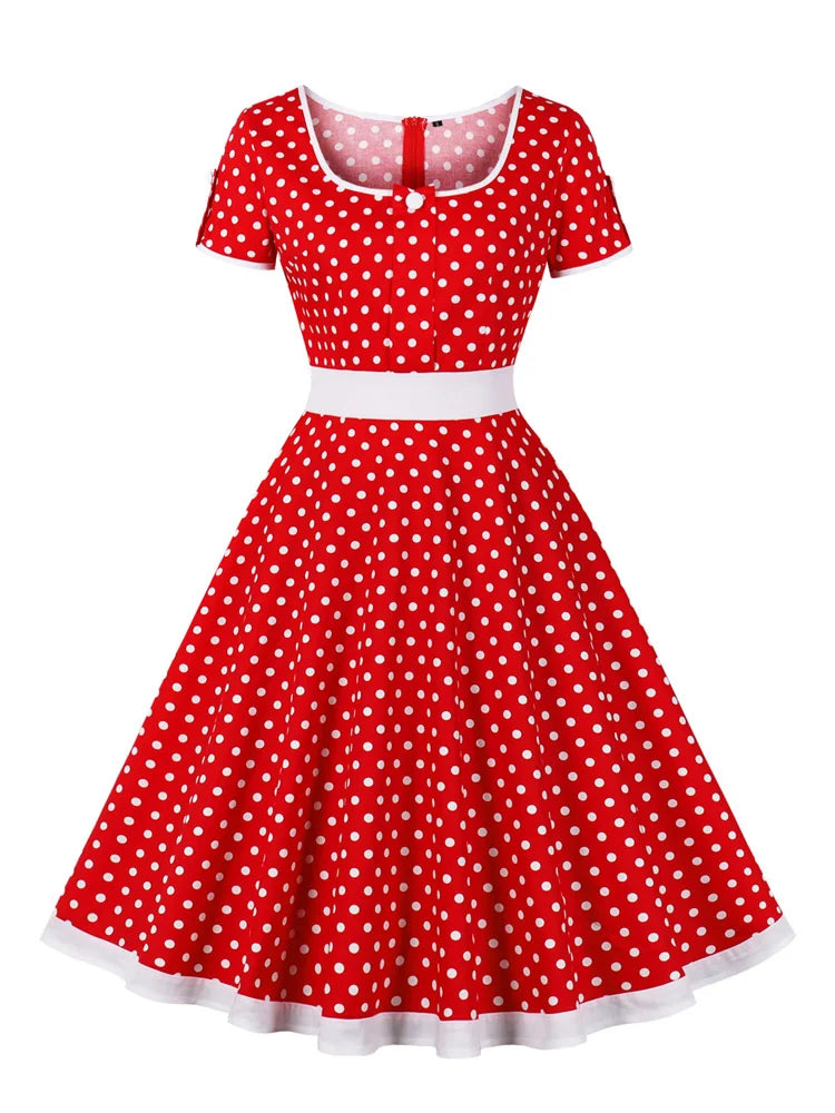 Polka Dot Short Sleeve Midi Dress with Waist Band