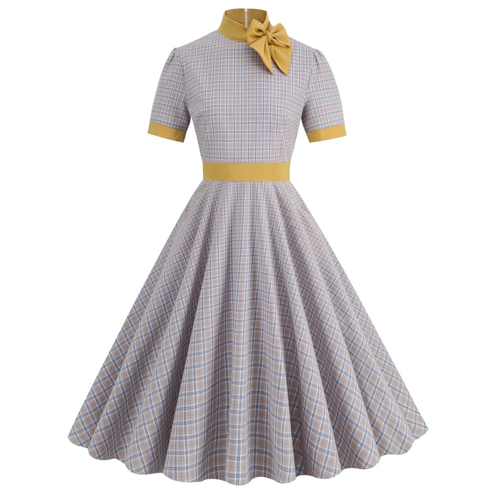 Plaid High Neck Midi Dress with Bow Detail