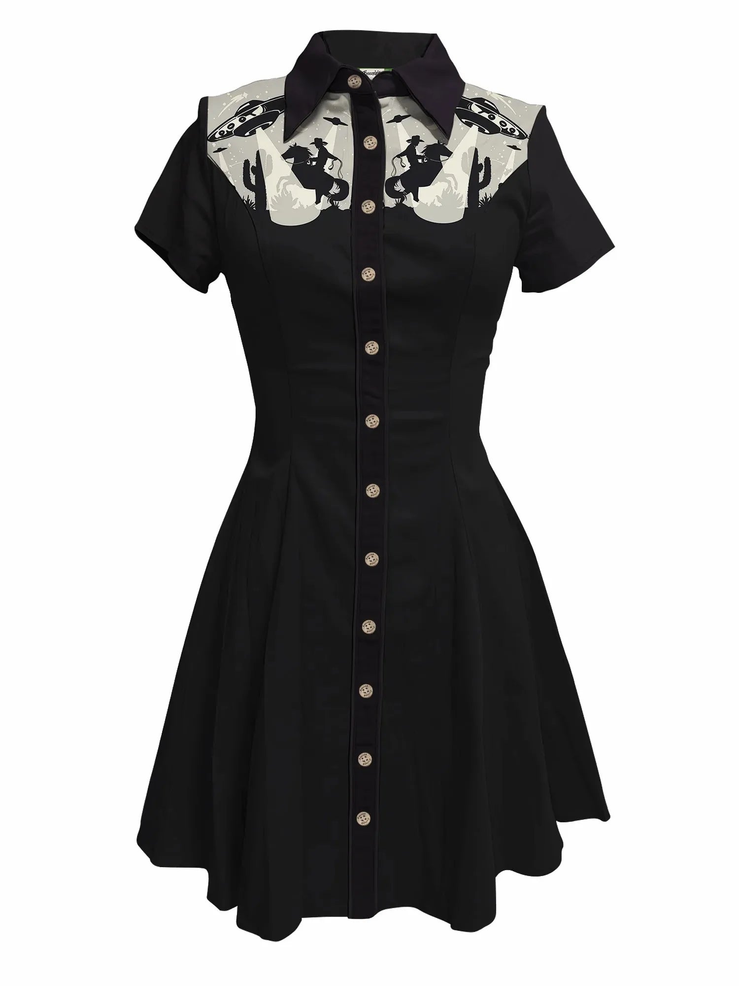 Short Sleeve Western-Inspired Button-Front Shirt Dress with Cactus Embroidery