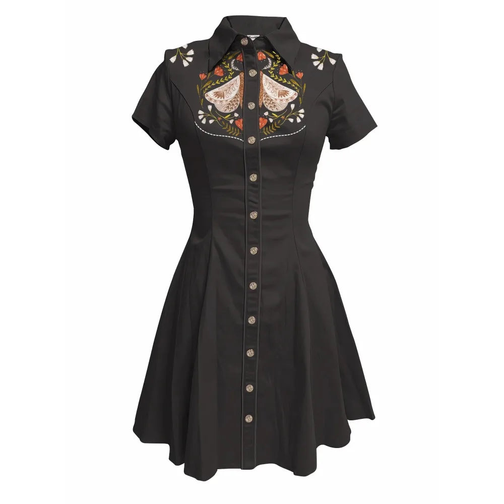 Short Sleeve Button-Front Shirt Dress with Moth Design