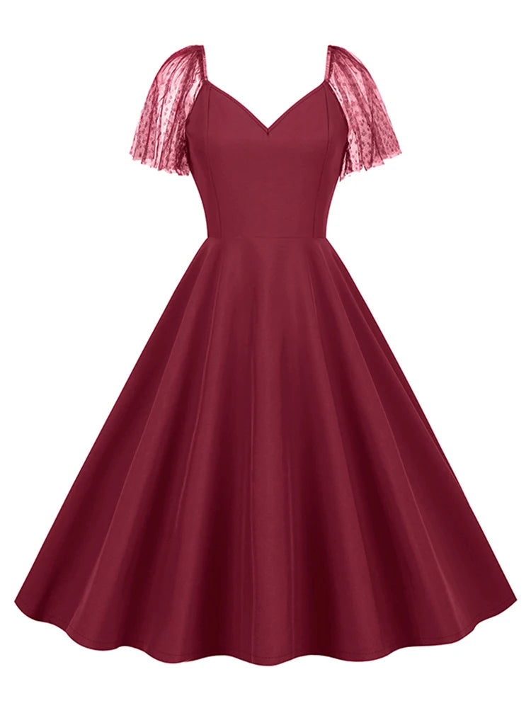Sheer Mesh Sleeve Fit and Flare Midi Dress