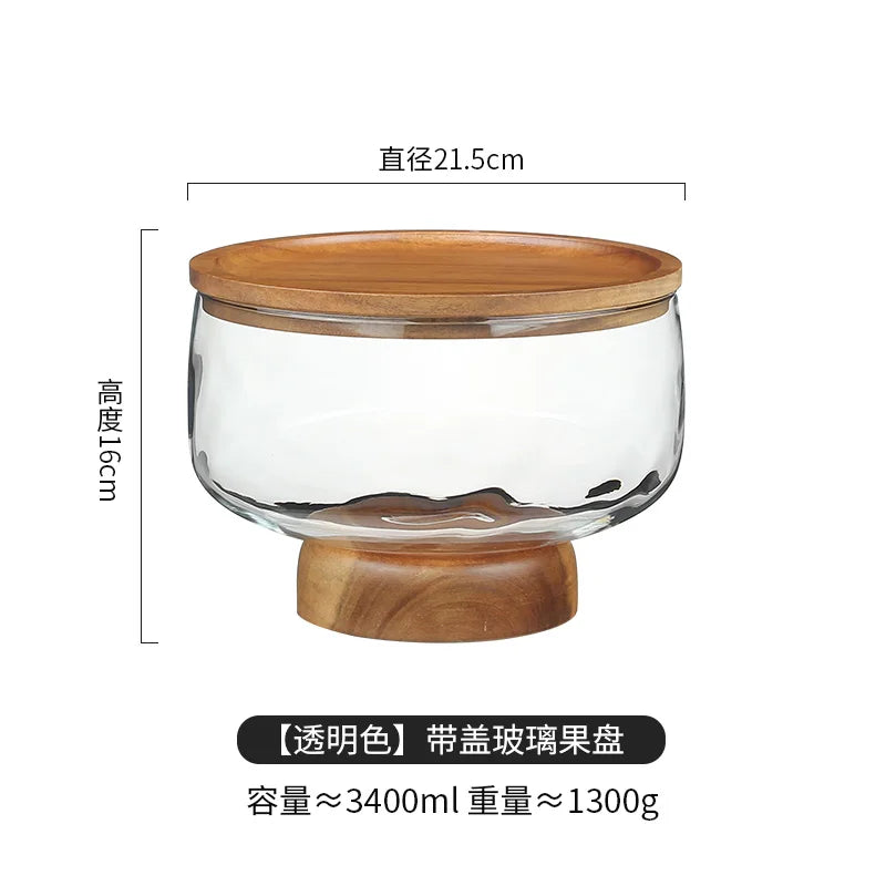 Mid-Century Modern Glass & Acacia Wood Pedestal Fruit Bowl