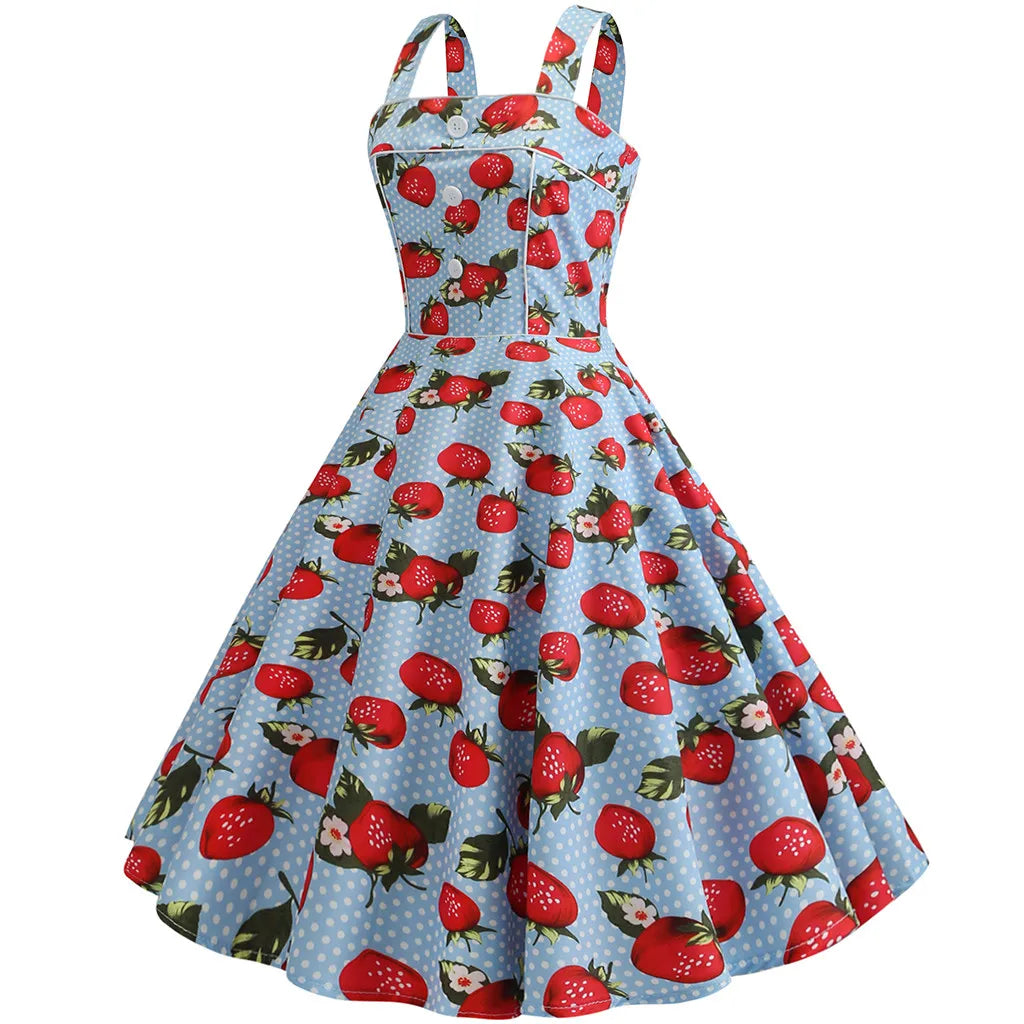 Square Neck Cherry Print Fit and Flare Dress