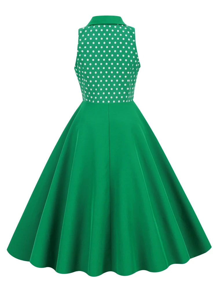 Sleeveless Polka Dot Bodice Midi Dress with Collar